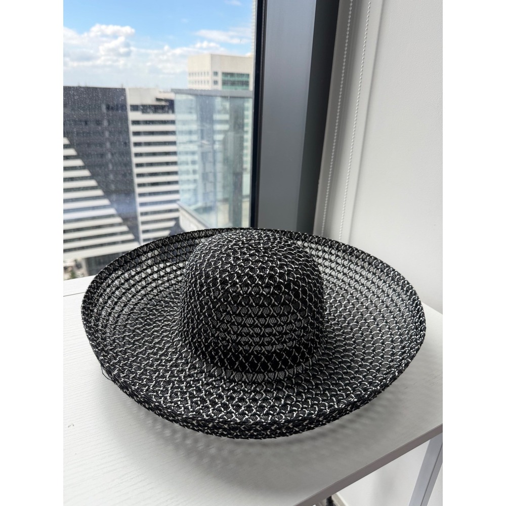 Womens Wide Brim Woven Sun Hat Black White Floppy Beach Hat